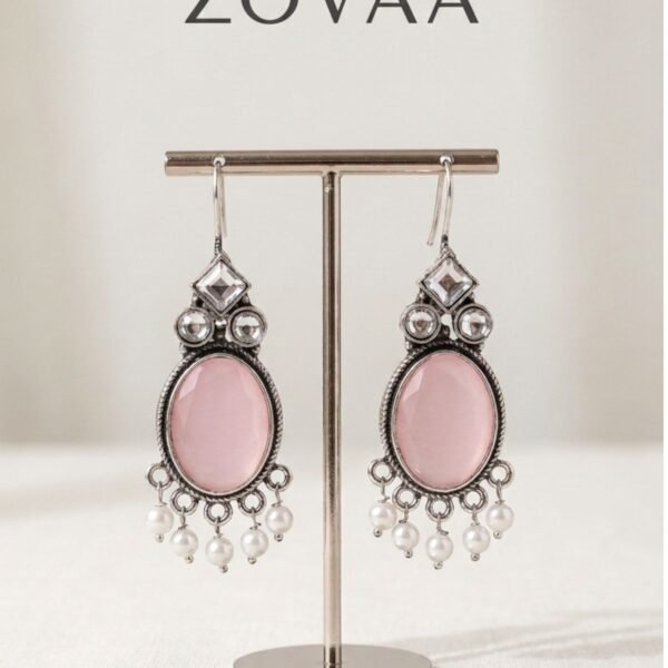 Designer Pink And White Stone Tassel Drop Earrings