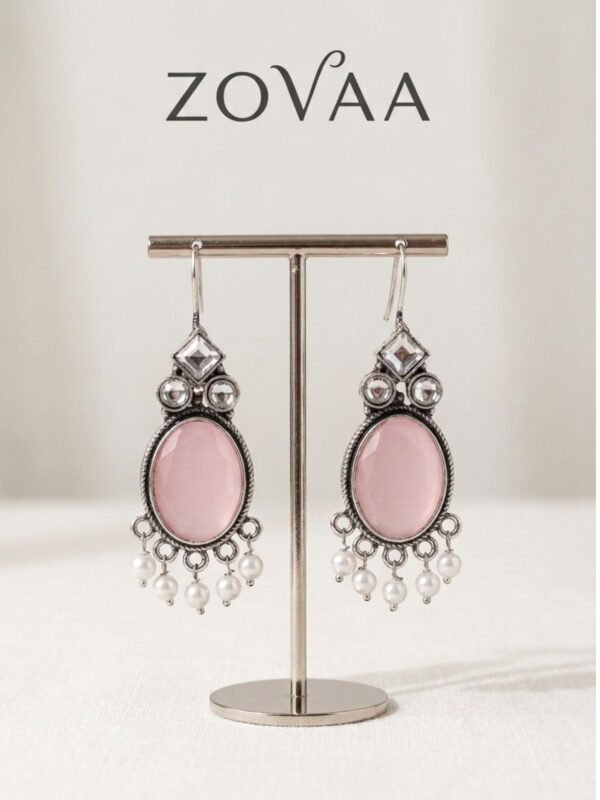Designer Pink And White Stone Tassel Drop Earrings