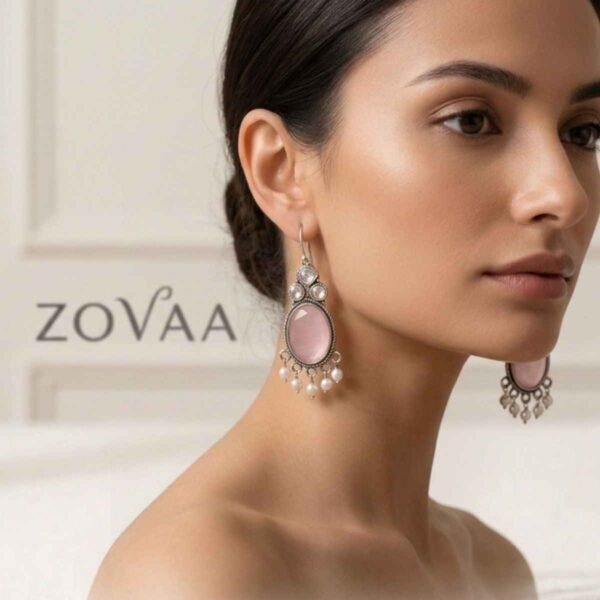 Designer Pink And White Stone Tassel Drop Earrings