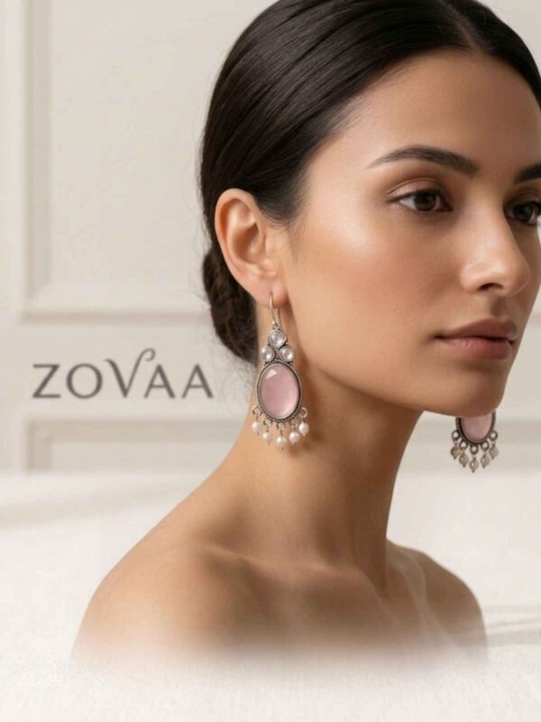 Designer Pink And White Stone Tassel Drop Earrings