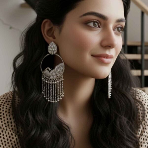 Traditional Silver-Toned Long Chain Peacock Jhumka