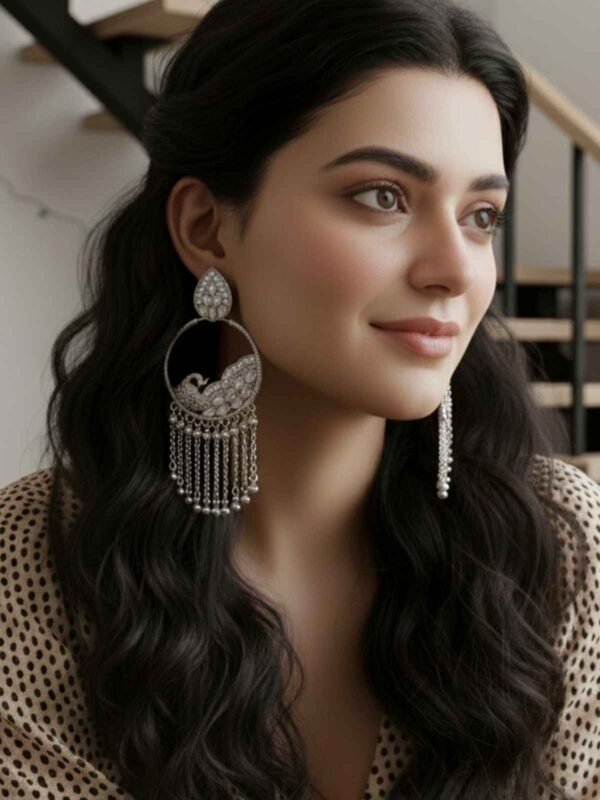 Traditional Silver-Toned Long Chain Peacock Jhumka