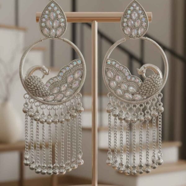 Traditional Silver-Toned Long Chain Peacock Jhumka