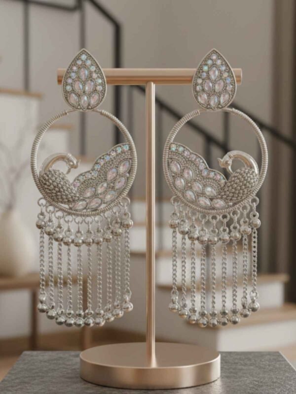 Traditional Silver-Toned Long Chain Peacock Jhumka